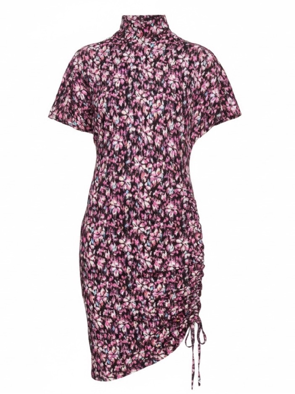 Isabel Marant Etoile Floral Ruched Mock Neck Dress in Pink and Black